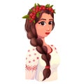 Woman portrait traditional wear European Ukraine with braid and wreath in cartoon style, folklore girl, isolated on