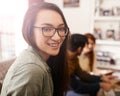 Woman, portrait and work break in a office with friends, smile and happy with coworkers. Staff, worker and relax Royalty Free Stock Photo