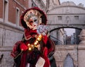 Woman poses in ornate, detailed costume, mask and hat in front of the Bridge of Sighs, St Mark`s Square during Venice Carnival, I