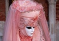 Woman poses in ornate, detailed costume, mask and hat, at the Doges Palace, St Mark`s Square during during Venice Carnival, Italy
