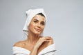 Woman posing in bathrobe after shower. Royalty Free Stock Photo