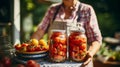 Woman posing behind fresh pickled tomatoes in jars on a rustic table