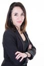 Woman posing in businesswoman suit clothes jacket arms crossed folded in white background