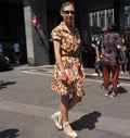 MILAN, ITALY -JUNE 16, 2018: Woman posing in the street before MARNIE fashion show, during Milan Fashion Week Royalty Free Stock Photo