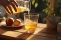 woman pouring apple juice into glass