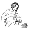 Woman pouring cream in coffee, piece of cake with cherry on the table, hand drawn doodle, sketch