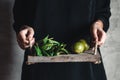 Woman pouring freshly blended green and spinach Royalty Free Stock Photo