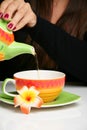 Woman pouring herself a cup of tea Royalty Free Stock Photo