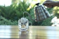 Woman pouring hot water into glass cup with drip coffee bag from kettle at wooden table, closeup Royalty Free Stock Photo