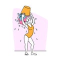 Woman Pouring Ice Water Bucket on Head, Extreme Hardening Body. Young Female Temper for Strong Immunity and Health