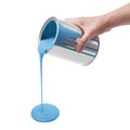 Woman pouring light blue paint from can on white, closeup Royalty Free Stock Photo