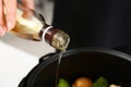 Woman pouring oil into multi cooker, closeup