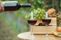 Woman pouring red wine into glass on table Royalty Free Stock Photo