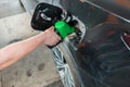 Woman pours fuel into the tank of a black car on gasoline station. Transportation concept.