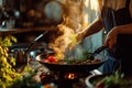 a woman pours vegetables into a wok