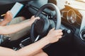 Woman practice driving car exam driver licence control steering wheel Royalty Free Stock Photo