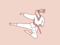 Woman practice karate red belt do jump kick training simple korean style illustration