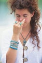 Woman practice yoga breathing techniques outdoor Royalty Free Stock Photo