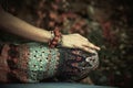 woman practice yoga meditation hands in mudra gesture closeup outdoor autumn day Royalty Free Stock Photo