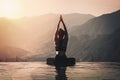 woman practice yoga on the pool above the Mountain peak Royalty Free Stock Photo