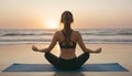 Woman Practicing Yoga on Beach at Sunset AI Generated