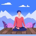 A woman practices yoga and breathing exercise