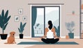 Woman practices yoga, dog nearby, home setting. Cartoon style, lifestyle depiction, interior scene. Meditation and sport