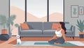 Woman practices yoga, dog nearby, home setting. Cartoon style, lifestyle depiction, interior scene. Meditation and sport