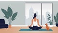 Woman practices yoga, dog nearby, home setting. Cartoon style, lifestyle depiction, interior scene. Meditation and sport