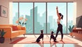 Woman practices yoga, dog nearby, home setting. Cartoon style, lifestyle depiction, interior scene. Meditation and sport