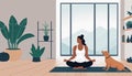 Woman practices yoga, dog nearby, home setting. Cartoon style, lifestyle depiction, interior scene. Meditation and sport