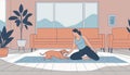 Woman practices yoga, dog nearby, home setting. Cartoon style, lifestyle depiction, interior scene. Meditation and sport