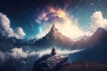 Woman practices yoga and meditation in magical mountains, generative AI