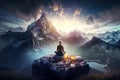 Woman practices yoga and meditation in mountains, back view, generative AI