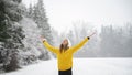 Woman practicing mindfulness standing in the middle of snowy nature