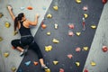 Woman practicing rock climbing on artificial wall indoors. Active lifestyle and bouldering concept. Royalty Free Stock Photo
