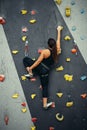 Woman practicing rock climbing on artificial wall indoors. Active lifestyle and bouldering concept. Royalty Free Stock Photo