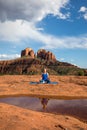 Woman Practicing Yoga at Cathedral Rock Royalty Free Stock Photo