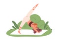Woman practicing yoga exercises with cute dog outdoors. Happy flexible person during body stretching workout with pet