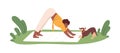 Woman practicing yoga exercises, Downward Dog Pose, with pet. Happy person during stretching workout with puppy