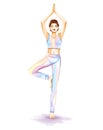 Woman is practicing yoga exercises. Watercolor image Royalty Free Stock Photo