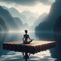 A woman practicing yoga on a floating platform in the middle o