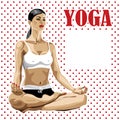 Woman practicing yoga in lotus pose.Polka dot back