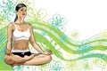 Woman practicing yoga in lotus pose.Spring backgr