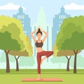 Woman is Practicing Yoga Pose Sport Meditation in City Park with Cityscape Building Royalty Free Stock Photo