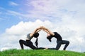 Woman practicing yoga relax in nature and blue sky background Royalty Free Stock Photo