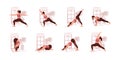 Woman practicing yoga, set of different poses. Healthy lifestyle. Women with closed eyes and crooked legs meditating