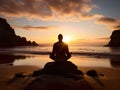 Woman practicing yoga during surrealistic sunset at the seaside