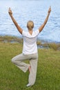 Woman Practicing Yoga By A Tranquil Blue Lake