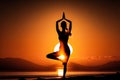 Woman practicing yoga. Virabhadrasana pose, sunset, generative, Ai